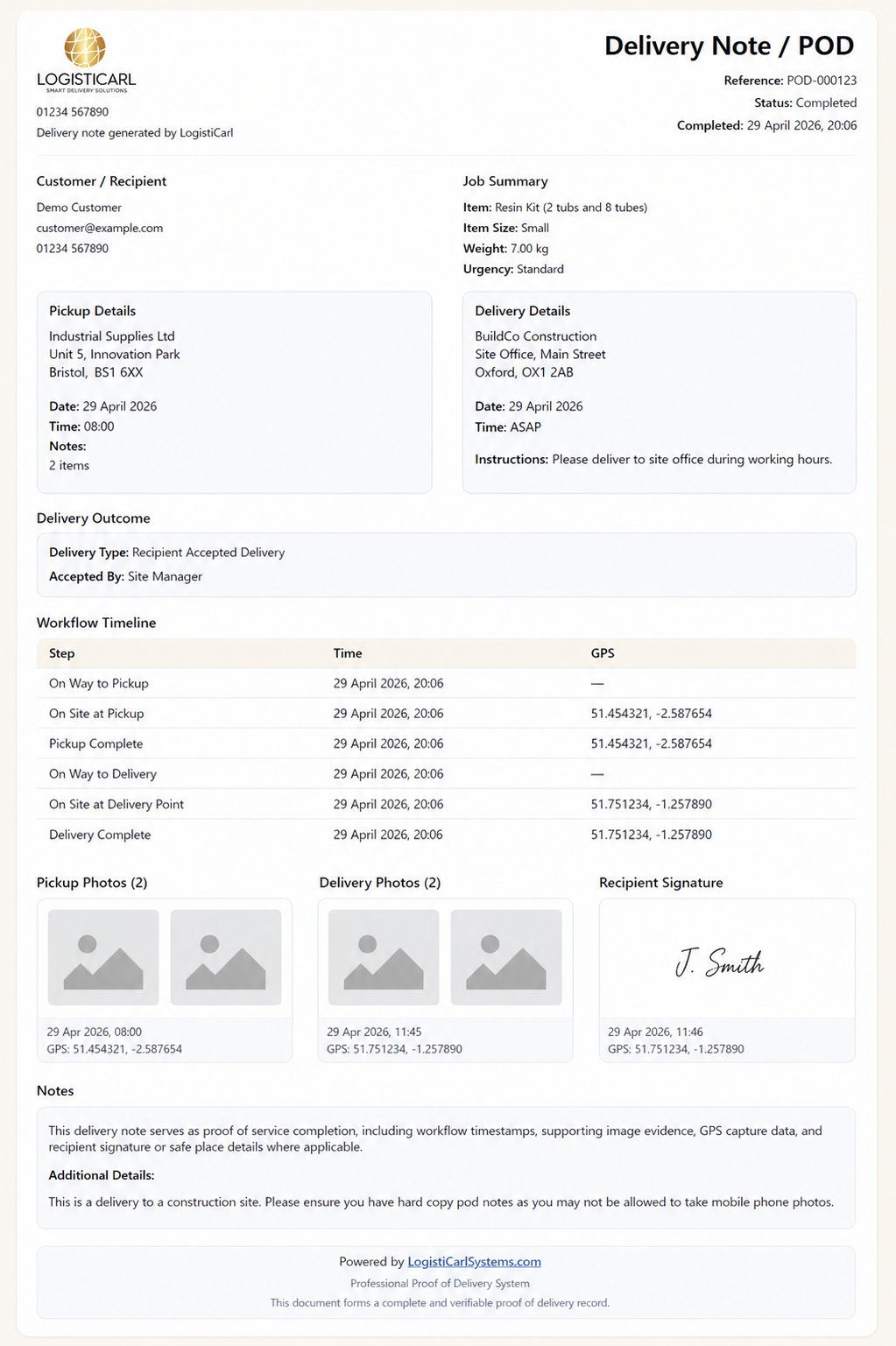 LogistiCarl POD example delivery note